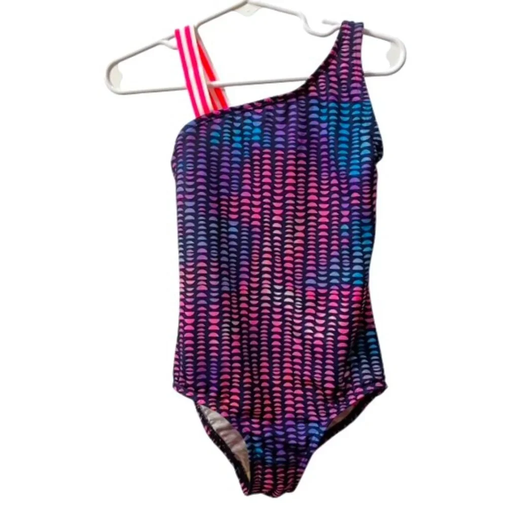 Lands' End Girl's One Shoulder One Piece Printed Colorful Sport Swimsuit Size 5